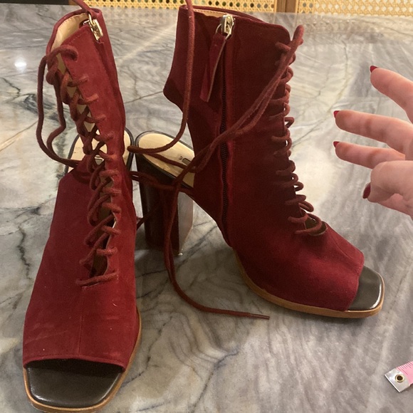 Zara Burgundy Suede-like Open Toe Lace Up Block Heels | Gently Used - Picture 3 of 7